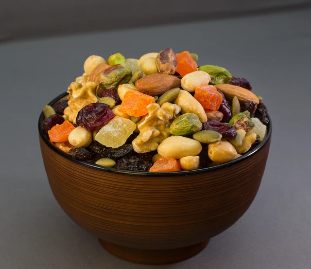 Fruit, nuts and seeds, ready for the table.
