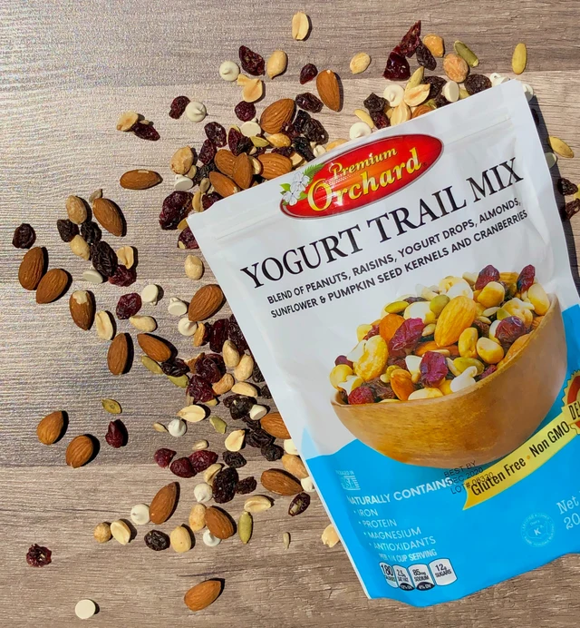 Premium Orchard Yogurt Trail Mix on a wooden table